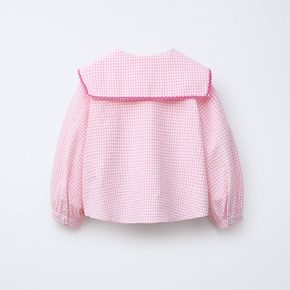 Zara Girls Pink Gingham Button-Up Blouse with Peter Pan Collar - Size 5 - Picture 2 of 9